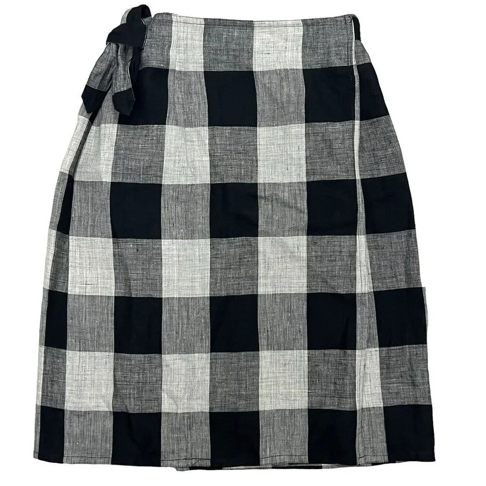 Adrienne Vittadini Collection 100% Linen Wrap Skirt Tie Front Mini Plaid Size S